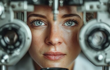 During an eye exam, an optician examines the patient's vision with a phoropter