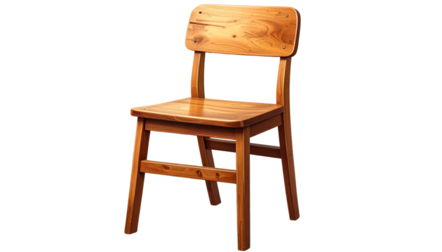 Wooden student chair isolated on a transparent background, provided as a PNG file