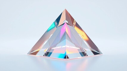 Captivating close-up of a flawless, transparent glass pyramid, exhibiting colorful light reflections, perfect for abstract art, decor, and design