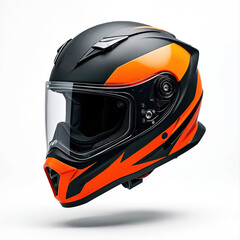 Motorcycle helmet, black and orange design. Full-face protective gear with clear visor. Shiny, modern, fast, adventure style for safe motorbike riding, motocross, racing, and urban travel.