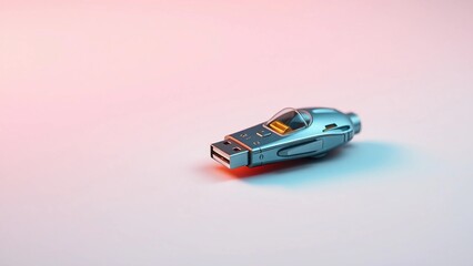 Creative concept of modern data transfer with a futuristic spaceship-shaped USB flash drive illuminated by neon pink and blue lights