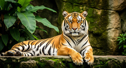 Majestic bengal tiger lying down in lush green jungle habitat