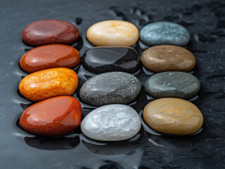 Colorful polished stones on wet surface. Smooth polished stones in various colors on wet black background. Natural texture and shine.