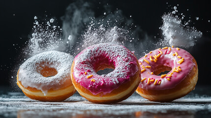 Donuts with sugar powder and pink icing. Three donuts with powdered sugar and colorful icing. Sweet dessert on dark background.