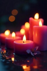 Close-up of several burning candles, wax dripping, creating a visually calming yet intense image reflecting the concept of stress relief through aromatherapy , ambiance, candle