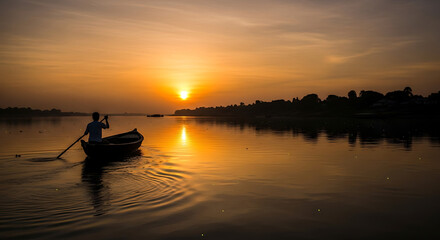 Silhouette of a person rowing a boat on a river at sunset