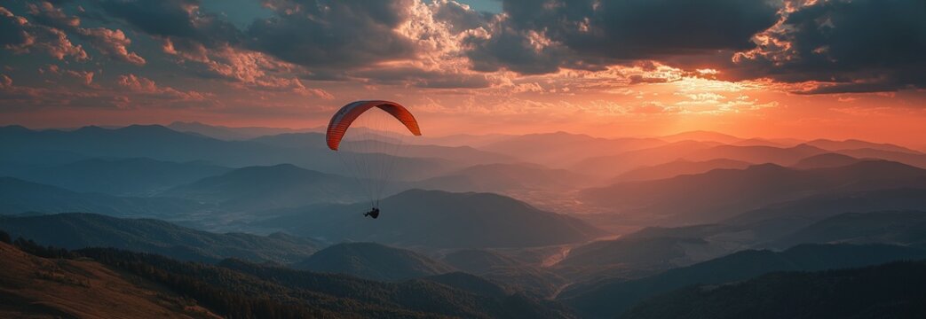 Paraglider freedom gliding over the sunset sky.