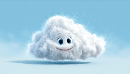 Fluffy cloud character, smiling face, light blue backdrop