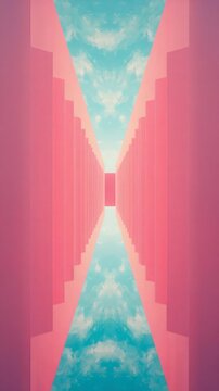 Symmetrical view of pink parallel structures with an opening showing a cloudy blue sky