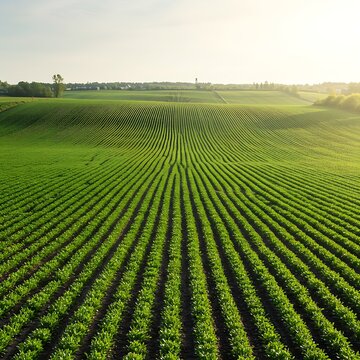 ​A picturesque rural landscape with a large, planted field creating a captivating visual pattern
