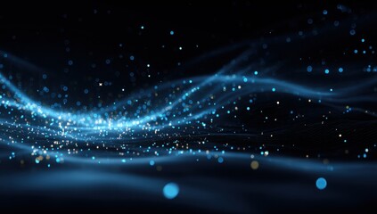 Abstract digital waves of light particles. Dark background with glowing, blue and gold particles swirling in smooth waves