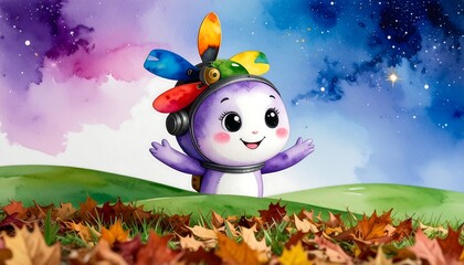 Cute cartoon character on a hill with autumn leaves under a starry night sky