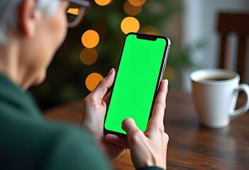 First person view of female hold digital tablet in cafe. Table with cup of coffee. Mock up of tablet. Green screen