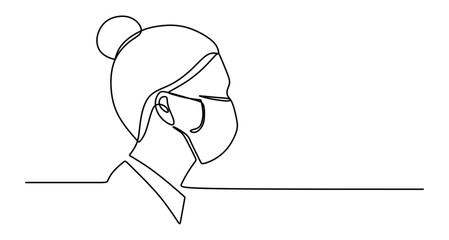 Continuous line art of a woman wearing a mask. Concept of avoiding viruses. Concept of avoiding smoke and dust. Vector illustration