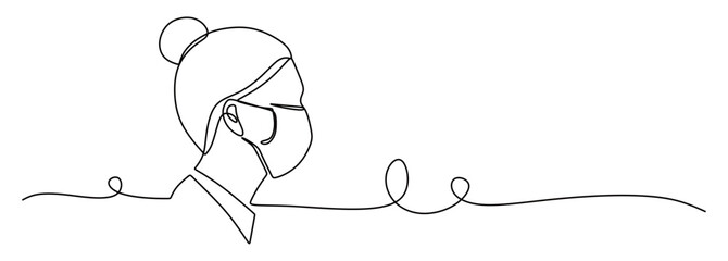 Continuous line art of a woman wearing a mask. Concept of avoiding viruses. Concept of avoiding smoke and dust. Vector illustration