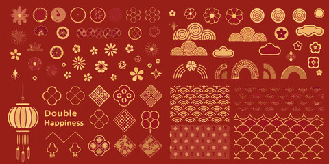 Collection of traditional chinese decorative elements and patterns in red and gold