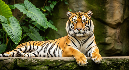 Majestic tiger resting on a stone ledge in a lush jungle environment