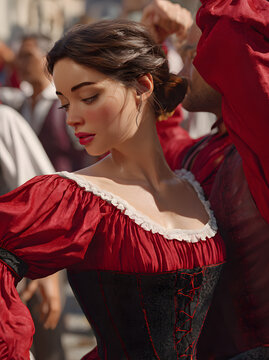 Foto de una mujer hispana bailando con traje tradicional, primer plano, hermosa, elegante, bonita, refinada, impresionante, hermosa, de color rojo, en una postura ordenada.
