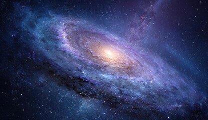 Fototapeta premium Spiral galaxy in deep space, vibrant hues of blue and purple, swirling nebulae, and scattered stars