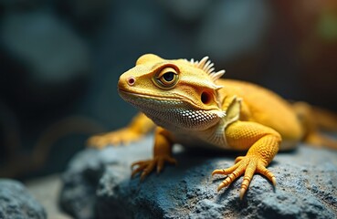 Close-up of vibrant yellow bearded dragon resting on rock in terrarium. Pogona vitticeps species spiny skin, distinctive beard. Reptile head, tail, detailed legs clearly visible, desert origins,