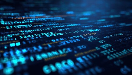 Close-up view of digital code running on a dark monitor. Abstract, glowing, and vibrant