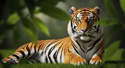 Fototapeta premium Majestic tiger resting in lush green jungle foliage