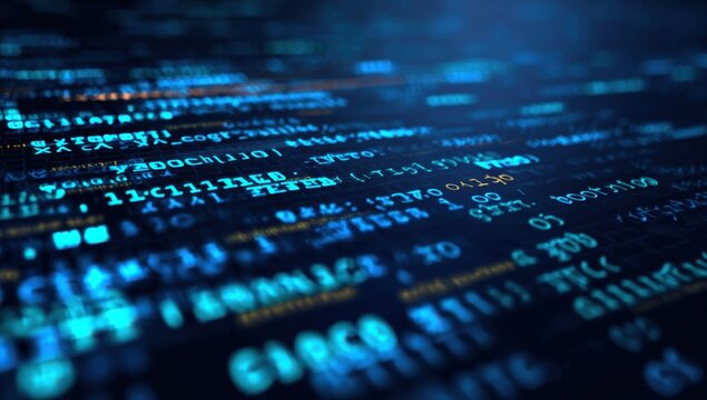 Close-up view of digital code running on a dark monitor. Abstract, glowing, and vibrant - Powered by Adobe