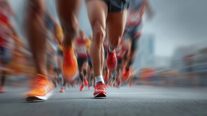 Runners' legs blurred during a city marathon.