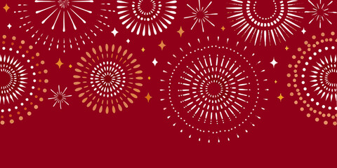 Festive red background with white and gold abstract fireworks and starbursts for celebrations