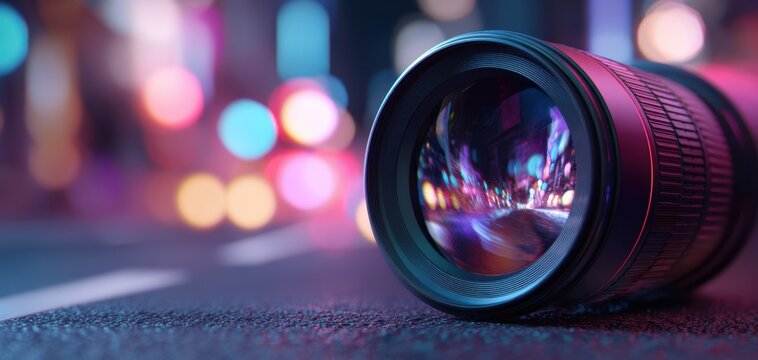 The camera lens showcasing a vibrant cityscape with colorful bokeh effects.