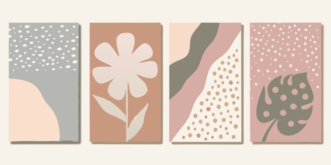 Set of four abstract minimalist vertical posters with organic shapes and botanical elements in muted earth tones