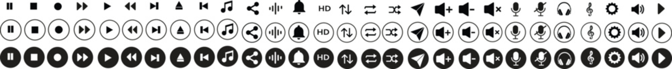 Audio player and video player buttons icon set. Music and sound icon set. Media player buttons icon. Video audio player buttons icon. Music sign, symbol illustration