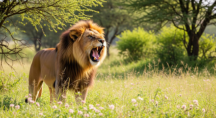 Naklejka premium Majestic male lion roaring in the african savannah