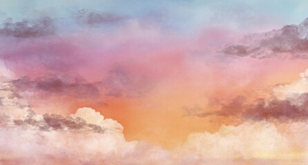 Naklejka premium Colorful, dreamy cloudscape. Soft pastel hues blend across a panoramic view of clouds