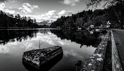 A tranquil black and white landscape view of a lake, with a rock in the foreground and mountains in the background.  A paved walkway runs along the edge of the water