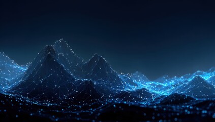 Digital landscape, glowing mountain range.  Abstract,  wireframe peaks, dark background.  Blue light, intricate network