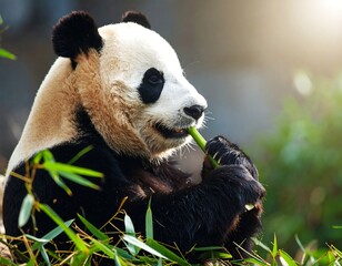 Panda Eating Bamboo in Enclosure