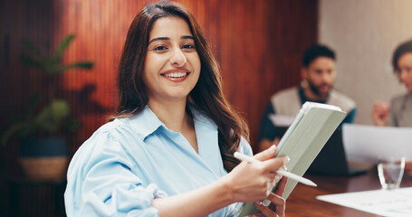 Tablet, smile and portrait of business woman in office for social media marketing, campaign and...