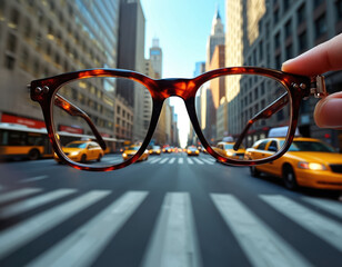 Stylish tortoise shell glasses frame busy city street scene. Motion blur captures dynamic urban energy with yellow taxis, buses, pedestrians on midday streets. Focus on fashion eyewear, city life.