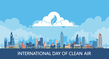 Naklejka premium Illustration of a city skyline under a sky with clouds, symbolizing International Day of Clean Air.