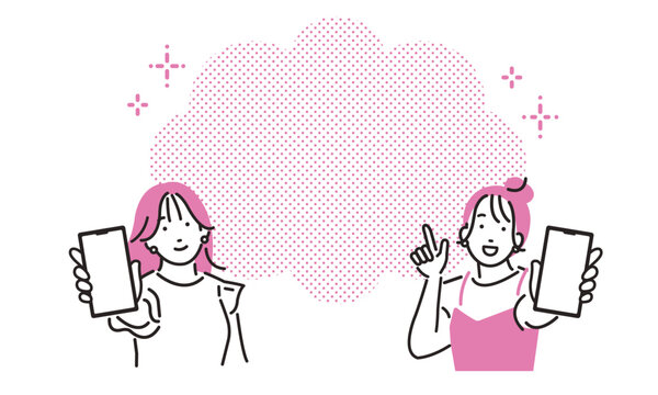スマホの画面を見せる若い女性たちとコピースペース