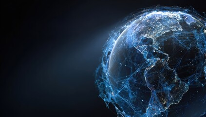 Globescape, digital world.  Abstract representation of a globe,  with a network of lines representing global connections.  Dark background, prominent  blue-toned network.  Earth's continents visible