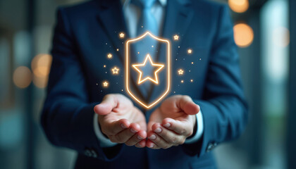 Businessman in blue suit holds glowing virtual badge with stars in open hands. Digital technology, cybersecurity, business achievement concept. Modern interface with holographic elements success,