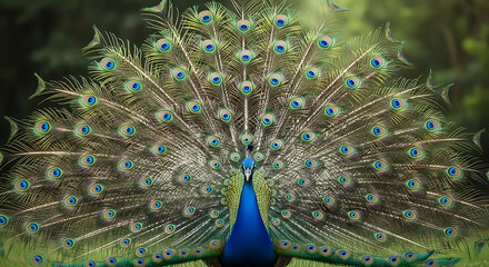 Majestic peacock displaying its vibrant fanned tail feathers