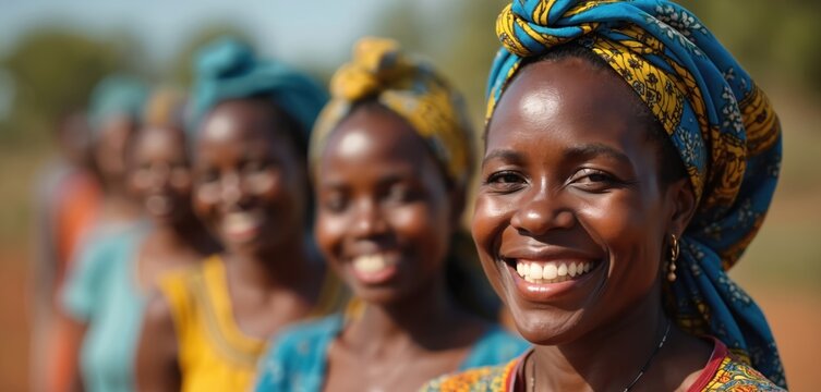 Close-up of happy African women smiling outdoors. Wear colorful headscarves, traditional clothing. Background features blurred garden field setting, suggesting rural community life, togetherness.
