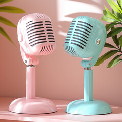 Pink and blue retro microphones on desk. Two vintage style microphones. Pink and blue colors with soft light. Retro recording concept.