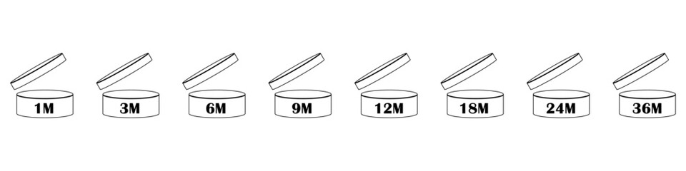  Set of PAO cosmetic expiry symbols vector form 1 month to 36 months. Ideal for skincare, beauty packaging, product labelling, and regulatory design needs.