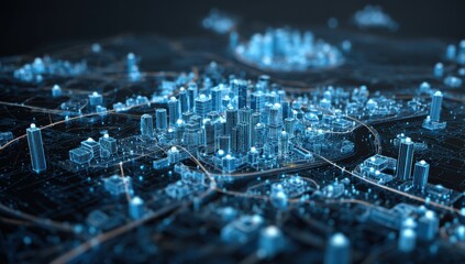 A digital, wireframe cityscape.  Buildings, roads, and city layout are shown in translucent, glowing blue and amber lines.  Connections and points of light suggest technological infrastructure