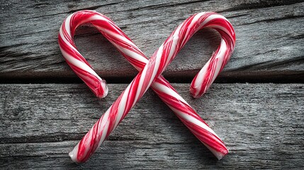 Festive holiday background with two red and white striped candy canes crossed into a heart shape on rustic wooden surface, cozy Christmas design