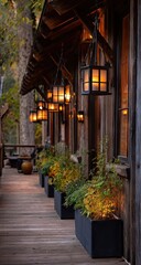 Rustic cabin porch at dusk with lanterns and plants